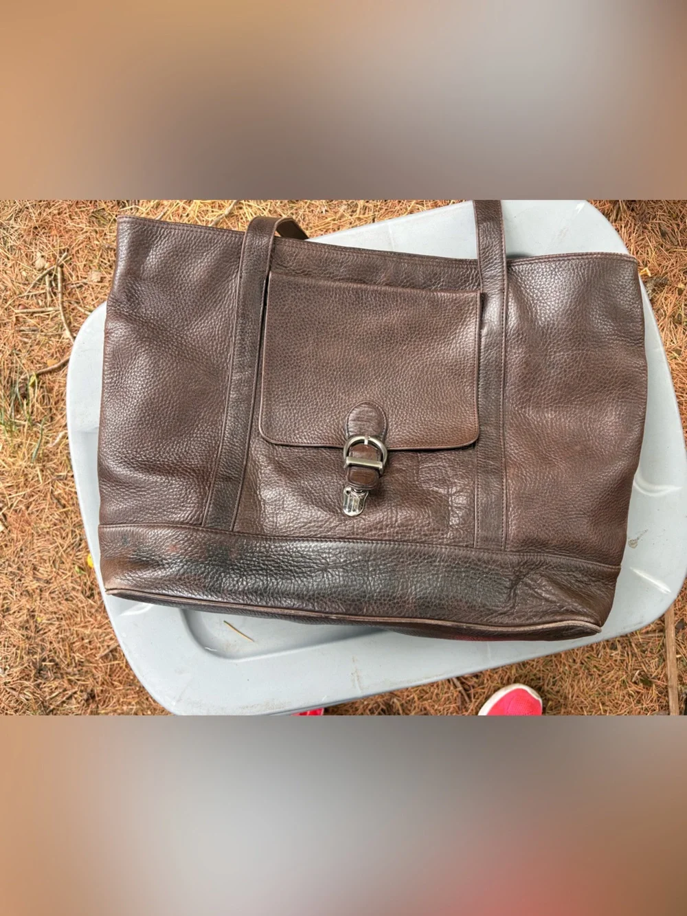 Eddie Bauer Dark Brown Pebbled Leather Messenger Tote
